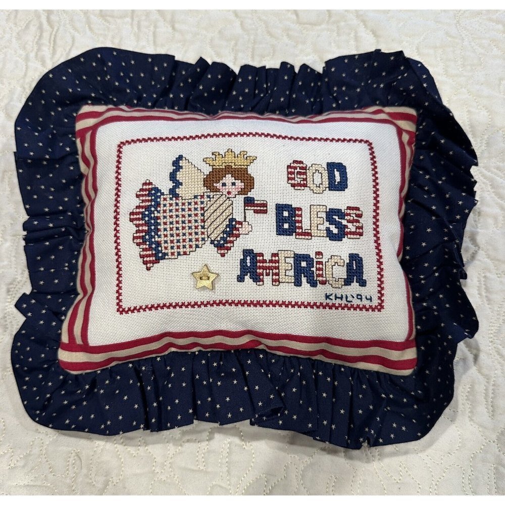 VTG Cross Stitch‎ Pillow 12x10 Inch God Bless America USA Ruffle Red White Blue